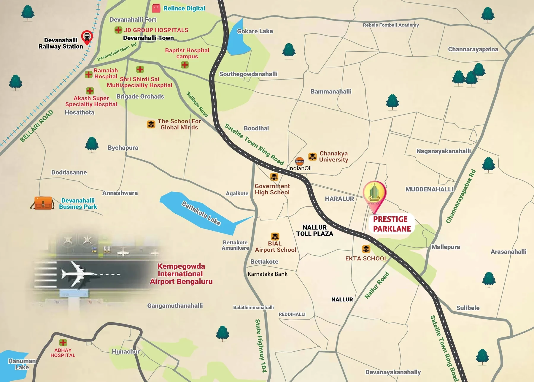 Prestige Parklane location map Prestige Parklane location map near the Satellite Town Ring Road and Kempegowda International Airport, Devanahalli